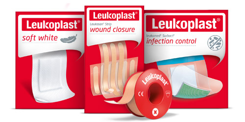Four copies of Leukoplast plasters for home use: various wound dressings and fixation tape. Four copies of Leukoplast plasters for home use: various wound dressings and fixation tape.